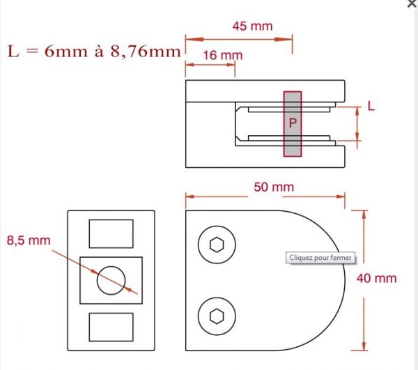 Pince à verre 50 x 40 mm pour support plat