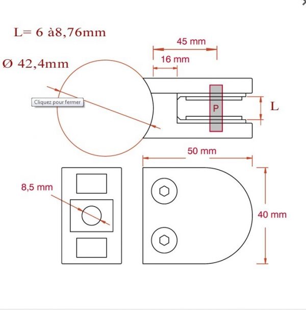 Pince à verre inox 50 x 40 mmpour tube 42,4m