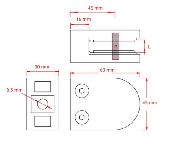 Pince à verre 63 x 45 mm pour support plat