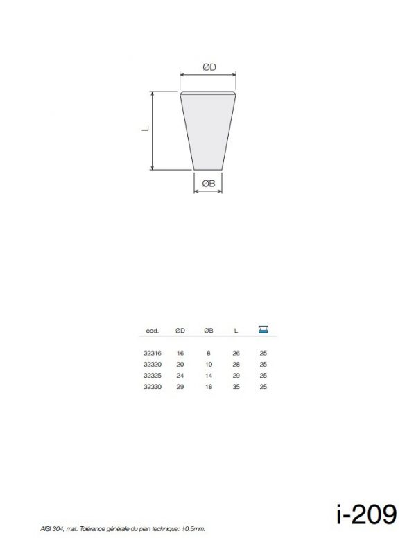 Bouton conique inox diamètre 20 mm mm